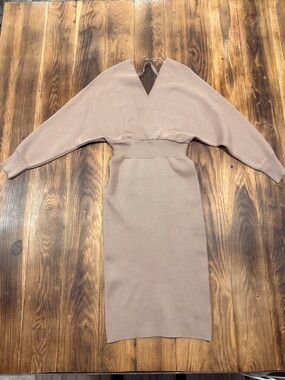 Lumiere V-Neck Midi Dress in Taupe Beige
